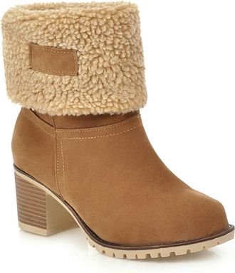 Generic Womens Mid Block Heel Short Boots Pull on Fold-Over Winter Boots Round Toe Faux Suede Platform Boot,Yellow,2.5 UK