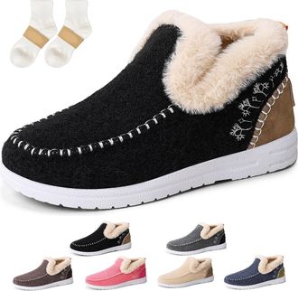 Generic Orthopedic Fleece Slip-On Boots, Womens Outdoor Cozy Warm Plush Fleece Lined Anti-Slip Winter Flat Shoes Arch Support Boots (Black,5.5)