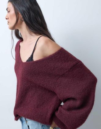 Monki maglione lavorato a maglia con scollo a V bordeaux-Rosso