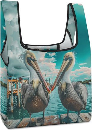 Generic Wildlife Pelican Bird Ocean Pier Shopping Bag Reusable Grocery Tote Bag Foldable Handbag for Travel Picnic