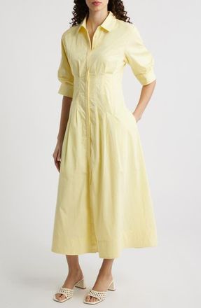 Vince Camuto Pleated Cotton Button-Up Maxi Shirtdress in Lemon Cream at Nordstrom, Size X-Small