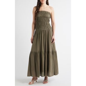 Nia Rocio Shirred Strapless Tiered Maxi Dress in Sable at Nordstrom, Size X-Small
