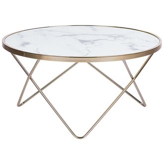 Beliani Mesa De Centro Tablero De Cristal Templado Con Efecto M&aacute;rmol Blanco Patas De Horquilla De Metal Dorado Forma Redonda Meridian Ii