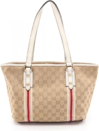 Gucci Beige Pink White Canvas Leather Handbag Tote Bag (Pre-Owned)