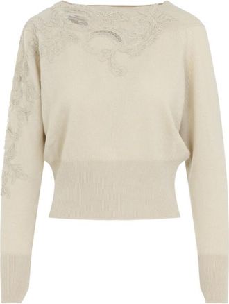 Ermanno Scervino Cream Embellished Boat Neck Sweater