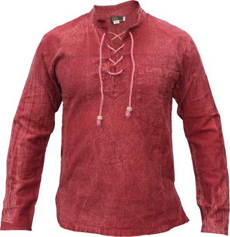 Gheri Mens Hemp Cotton Lace Up V Neck Grandad Shirt Stone Washed Maroon XXX-Large