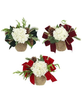 Creative Displays Inc. Set Of 3 Christmas Holiday Arrangements With Hydrangeas & Bows