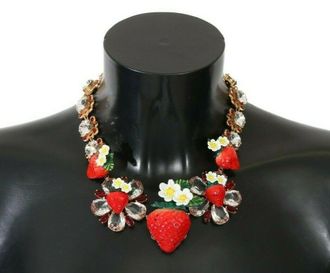 Dolce & Gabbana Womens Strawberry Crystal Floral Charm Statement Necklace - Gold Brass - One Size