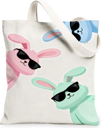 Generic Cute Bunny Canvas Tote Bags, Stylish Rabbit Design Reusable Grocery Bags, Spring Fun Lightweight Washable Shoulder Strap Ca, Multicolor, 13x15 Inch
