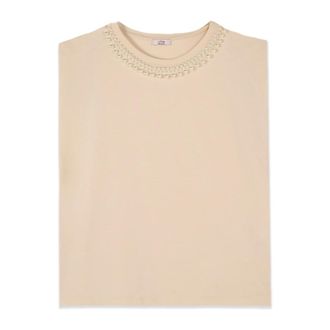 Oltre Katoenen T-shirt met Parelmoer - Dames - Tops zonder mouwen - Beige - 2XL - Katoen - Tops