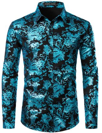 PARKLEES Mens Luxury Paisley Gold Shiny Printed Stylish Slim Fit Button Down Dress Shirt PZLCL18 Black Turquoise XXL