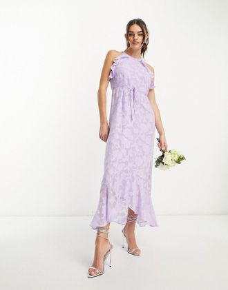 Vero Moda Y.A.S - Vestito lungo da damigella allacciato al collo con volant drappeggiati lilla testurizzato-Viola