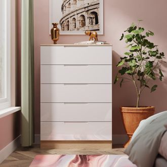 Lewis's Milan 5 Drawer Chest in White Gloss & Bardolino Oak - Ready Assembled - Lewiss Home | TJ Hughes