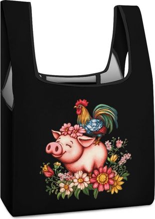 Generic Rooster Pigs Flowers Shopping Bag Reusable Grocery Tote Bag Foldable Handbag for Travel Picnic