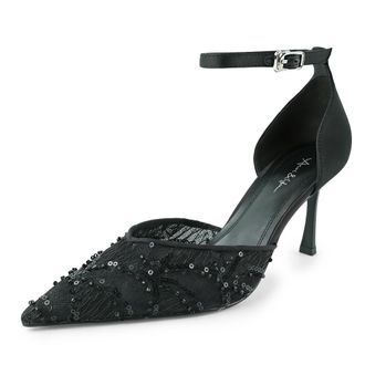 Generic Womens Elegant Pointed Toe Ankle Strap Heels Sequin Pumps for Evening Wedding Party Formal, Black, 6.5 Narrow