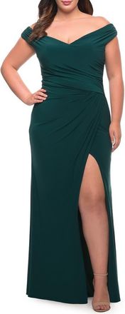 La Femme Matte Jersey Long Plus Dress with Ruching and Slit in Dark Emerald at Nordstrom, Size 24W