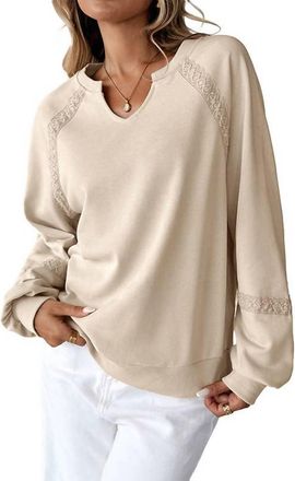 Anna Kaci Lace Trim Long Sleeve Knit Sweatshirt In Beige