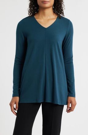 Eileen Fisher Long Sleeve V-Neck Tunic Top in Woodland at Nordstrom, Size Xx-Small