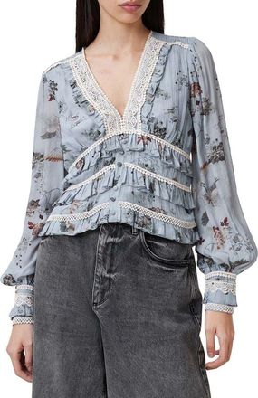 AllSaints Zora Tiered Floral Long Sleeve Top in Origin Blue Bird at Nordstrom Rack, Size 12 Us / 16 Uk