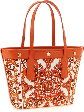 Dolce & Gabbana Womens Maiolica-Print Canvas Tote Orange Cotton Leather Pvc