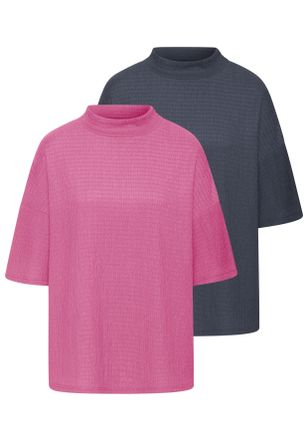 Lascana Kurzarmshirt LASCANA mit Stehkragen, Damen, Gr. 32/34, blau (pink, navy), Cr&ecirc;pe, Obermaterial: 97% Polyester, 3% Elasthan, unifarben, l&auml;ssig geschnitt