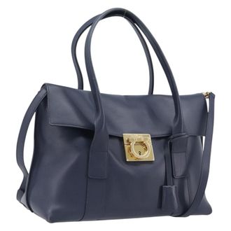 Ferragamo Vintage Gancini Top Handle Leather Navy Leather Handbag (Pre-Owned)