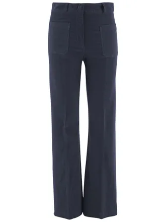 Ql2 Quelledue Flared Navy Stretch Cotton Velvet Pants With Pressed Center Crease