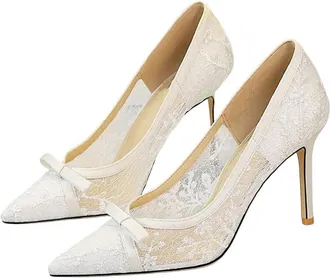 Generic Women Pointed Toe High Heel Pumps Mesh Crystal Butterfly Knot Wedding Party Dress Shoes White