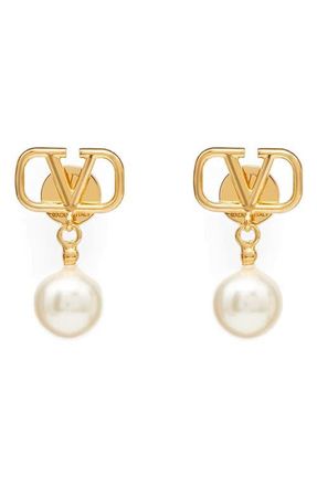 Valentino Garavani VLOGO Imitation Pearl Drop Earrings in Ivory/Gold at Nordstrom