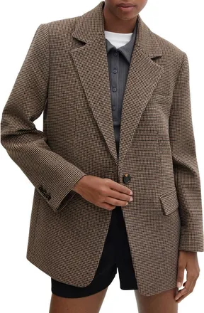Mango Houndstooth One-Button Suit Blazer in Brown at Nordstrom, Size Large
