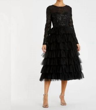Mac Duggal Long Sleeve Ruffle Tiered Midi Dress In Black