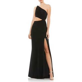 Mac Duggal One-Shoulder Jersey Gown with Side Cutouts & Thigh-High Slit in Black at Nordstrom, Size 2