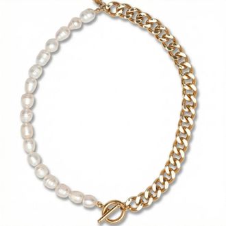 Pompeii3 18k Yellow Gold Plated Fresh Water Pearl And Curb Link Necklace 18 Toggle Clasp