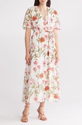 Sandra Darren Floral Short Sleeve Faux Wrap Maxi Dress in Ivory Multi at Nordstrom Rack, Size 16