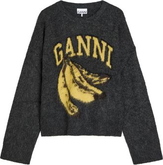 Ganni Logo-intarsia Brushed Alpaca-blend Jumper - Black - L/XL (UK16 / XL)