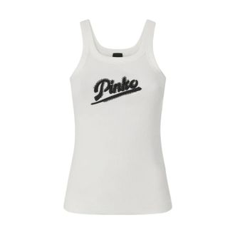 Pinko Sleeveless Tops, female, White, Size: XL Ribbed Knit Scoop Neck Top