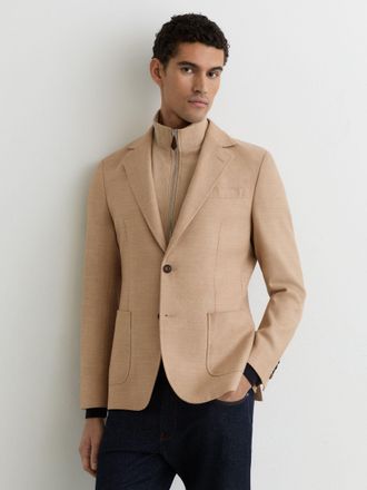 Reiss Camel Wool-blend Gilet-insert Single-breasted Blazer, 38