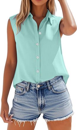 Generic Womens Cotton Linen Vest Tops Sleeveless Button Down V Neck Collar Dressy Casual Loose Shirts Business Work Summer Breathable Ladies Blouses (Mint Gre