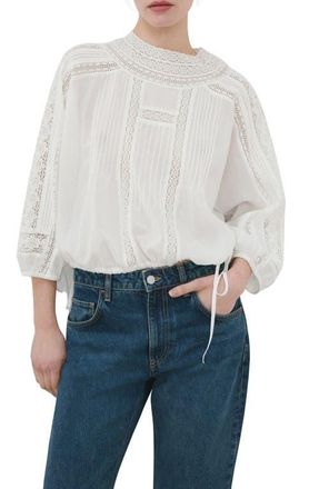 Mango Lace Inset Woven Shirt in Off White at Nordstrom, Size 6