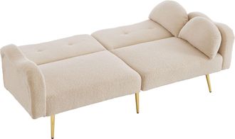 STILVORA Clic-clac 2 Plazas En Tela De Lana Con Respaldo Ajustable, Patas De Metal Dorado, Brazos Curvados Y 2 Cojines, Beige