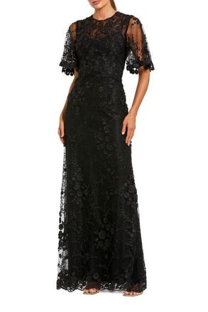 Mac Duggal Womens Flutter Sleeve Floral Emboridered Net Gown in Black at Nordstrom, Size 14