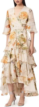 AllSaints Camellia Floral Print Wrap Dress in Haze White at Nordstrom, Size 2
