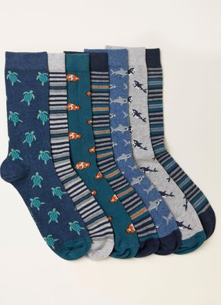 Fat Face FatFace Blue Stripe 7 Pairs of Sealife Socks
