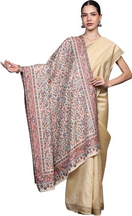 Exotic India Kani Jamawar Wool Shawl with All-Over Woven Floral and Paisleys | Ethnic Flower-Leaf Design Stole, Scarves for Womens