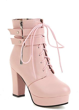Generic Womens Chunky Platform Mid-Calf Boots with Gothic Details - Front Lace-Up, Side Zipper, Buckles,Pink,6.5 UK