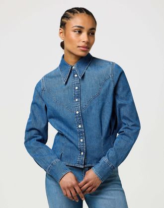 Wrangler Jeansbluse WRANGLER WRANGLER Jeanshemd Femme Peplum Shirt, Damen, Gr. L, blau, Obermaterial: 80% Baumwolle CO. 20% Baumwolle CO recyc.., Blusen Jeansb