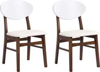 Beliani Set of 2 Dining Chairs Brown Rubberwood Frame Off White Faux Leather Seat Armless Scandinavian Design AMERY