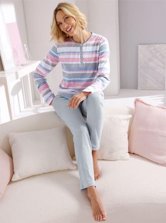 Normann Schlafanzug NORMANN, Damen, Gr. 36/38, grau, ros&eacute;, gestreift, 80% Baumwolle, 20% Polyester, Homewear-Sets Schlafanzug