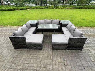 Fimous 11 Seater Wicker PE Rattan Outdoor Furniture Lounge Sofa Garden Dining Set with Dining Table Side Table in Dark Grey