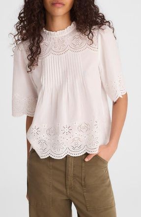 Madewell Embroidered Pintuck High Neck Cotton Voile Top in White at Nordstrom, Size Xx-Small